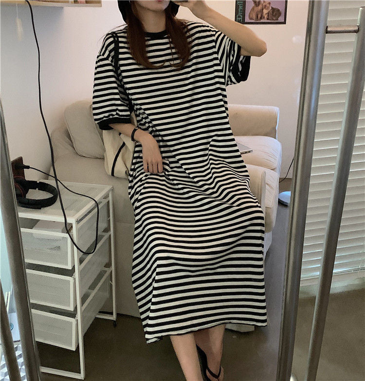 Designed Striped Summer Plus Sizes T Shirts Dresses-Dresses-Free Shipping at meselling99