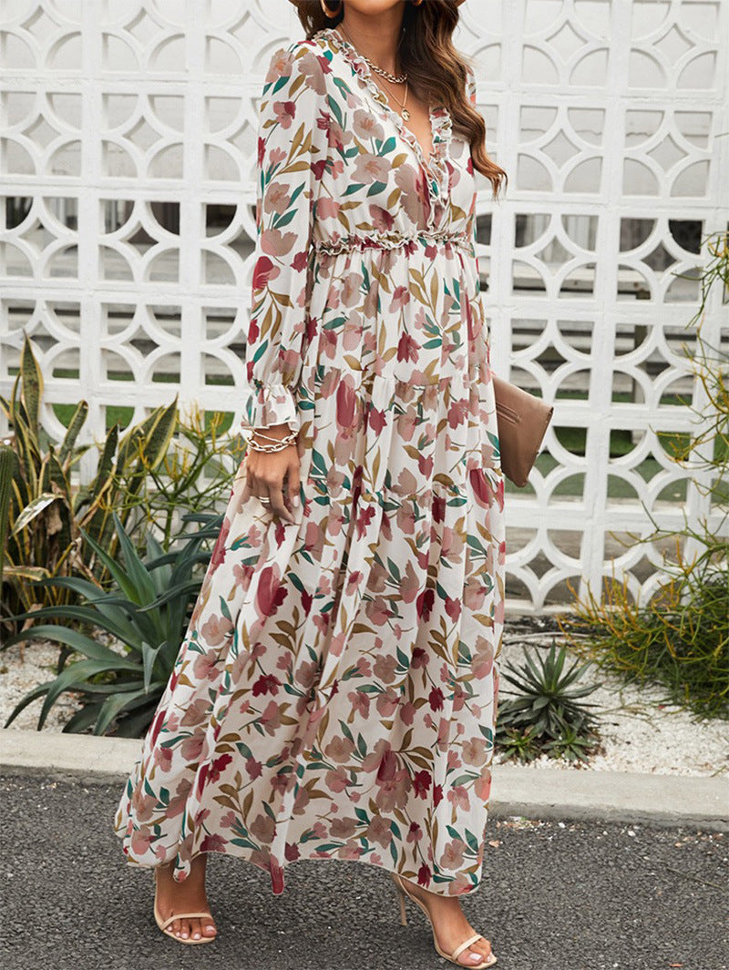 Elegant Long Sleeve Printed Maxi Evening Dress