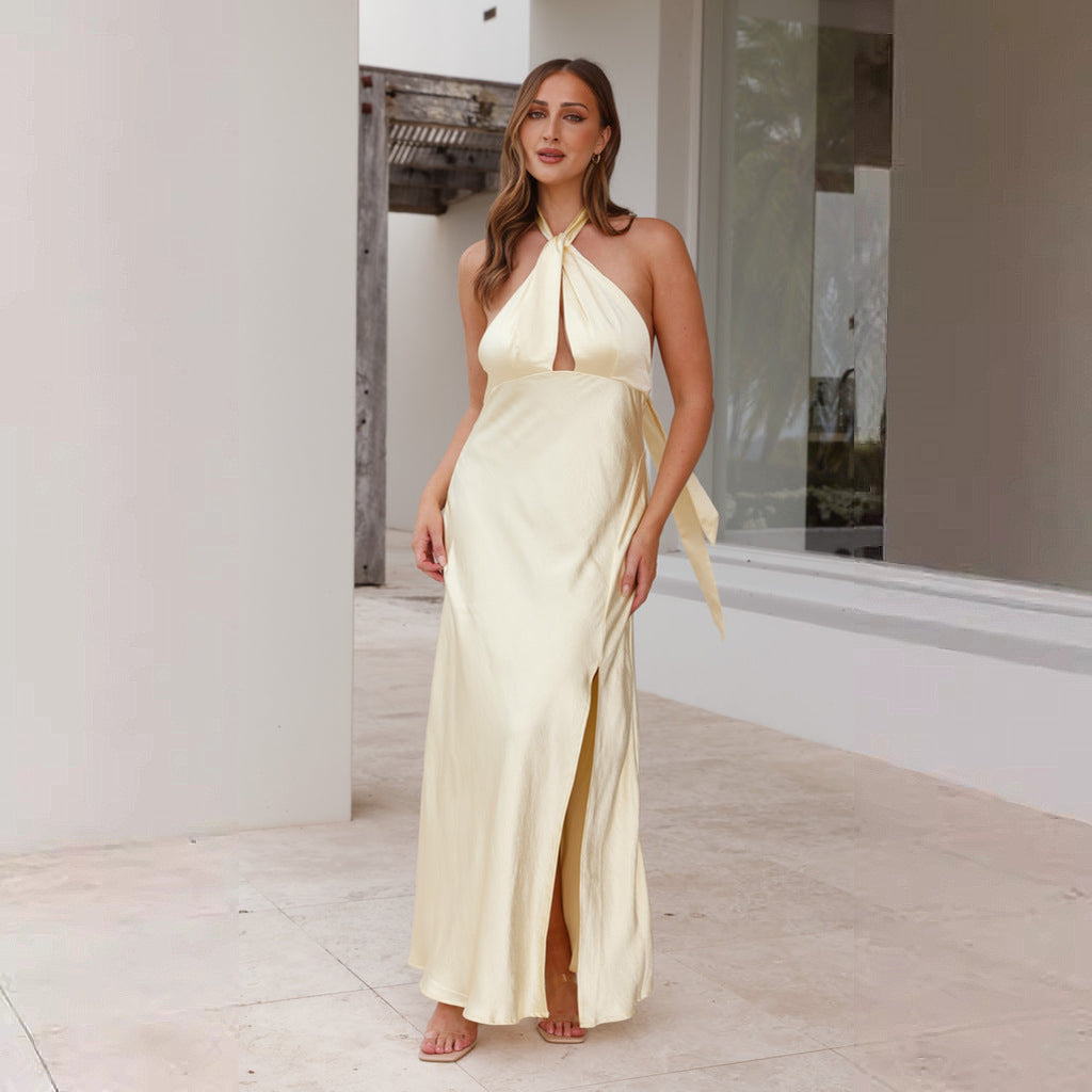 Women's Satin Halter Neck Slit Maxi Dress with Cinched Waist