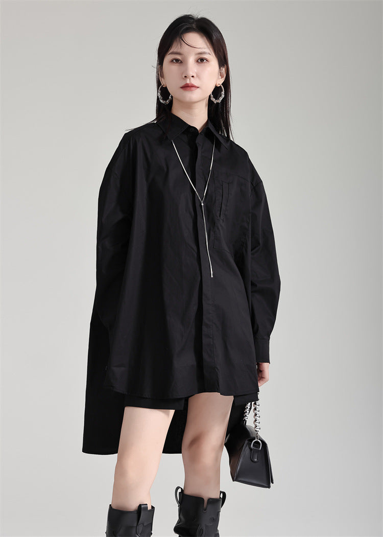 Oversized Asymmetrical Shirt – Trendy Longline Loose Fit Casual Blouse-Apricot-One Size-Free Shipping Leatheretro