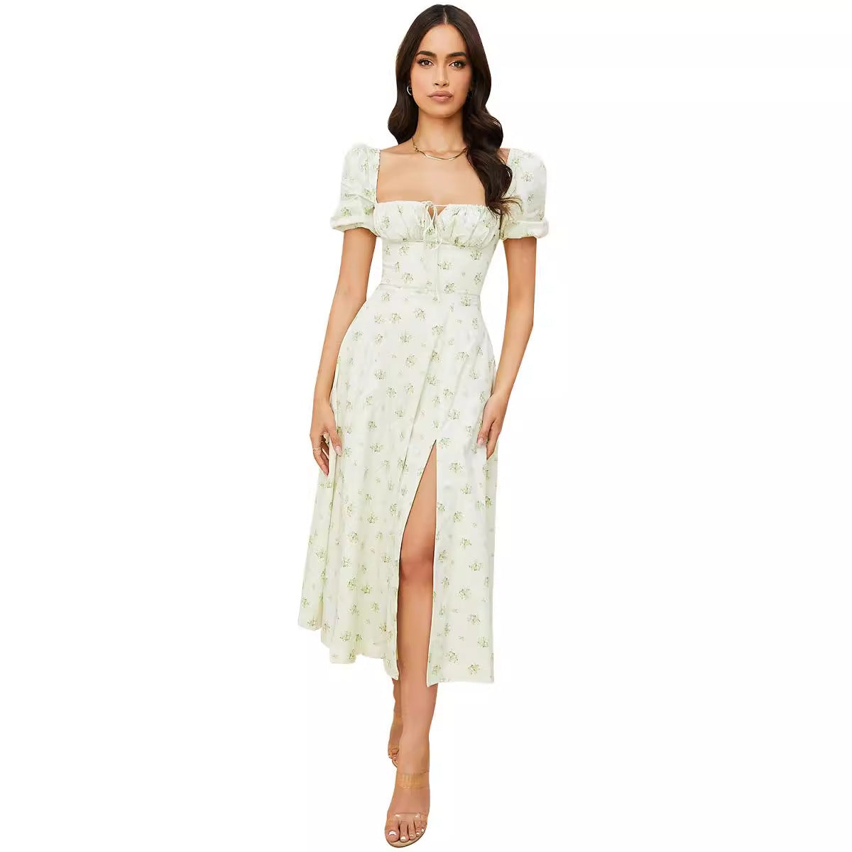 Women's Floral Wrap Slit Maxi Dress with Puff Sleeves