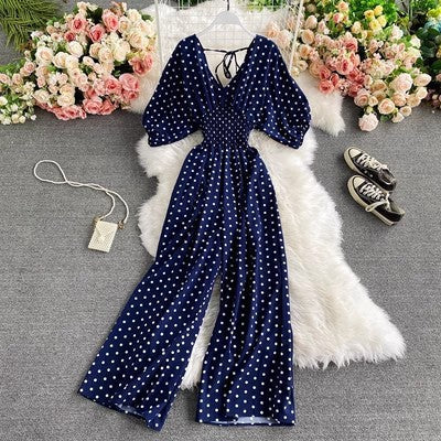 Women's Sexy V-Neck Batwing Sleeve Waist-Cinching Slimming Polka Dot Print Jumpsuit