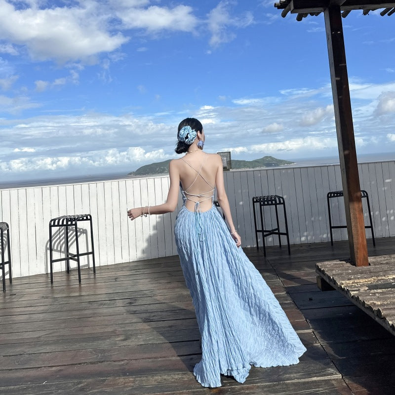 Summer Waves Blue Backless Maxi Dress