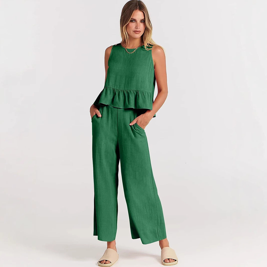 Women's Summer Sleeveless Pleated Vest & Wide-Leg Cropped Pants Casual Set