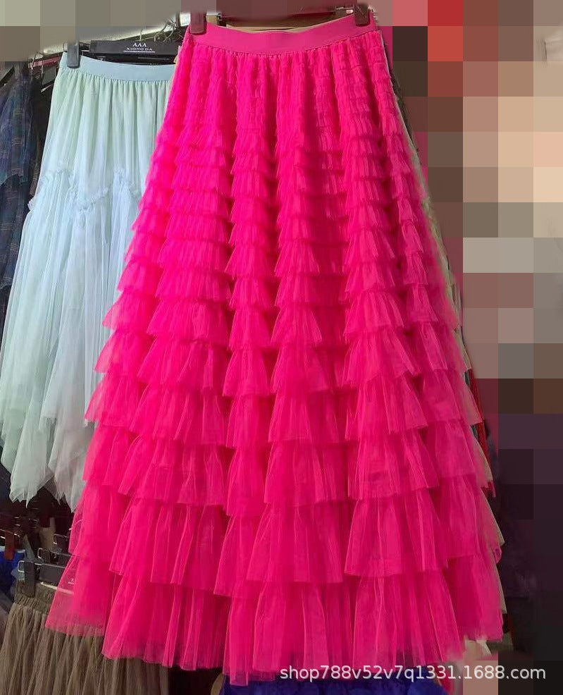 A-Line Mid-Length Tulle Skirt with Layered Mesh Insert