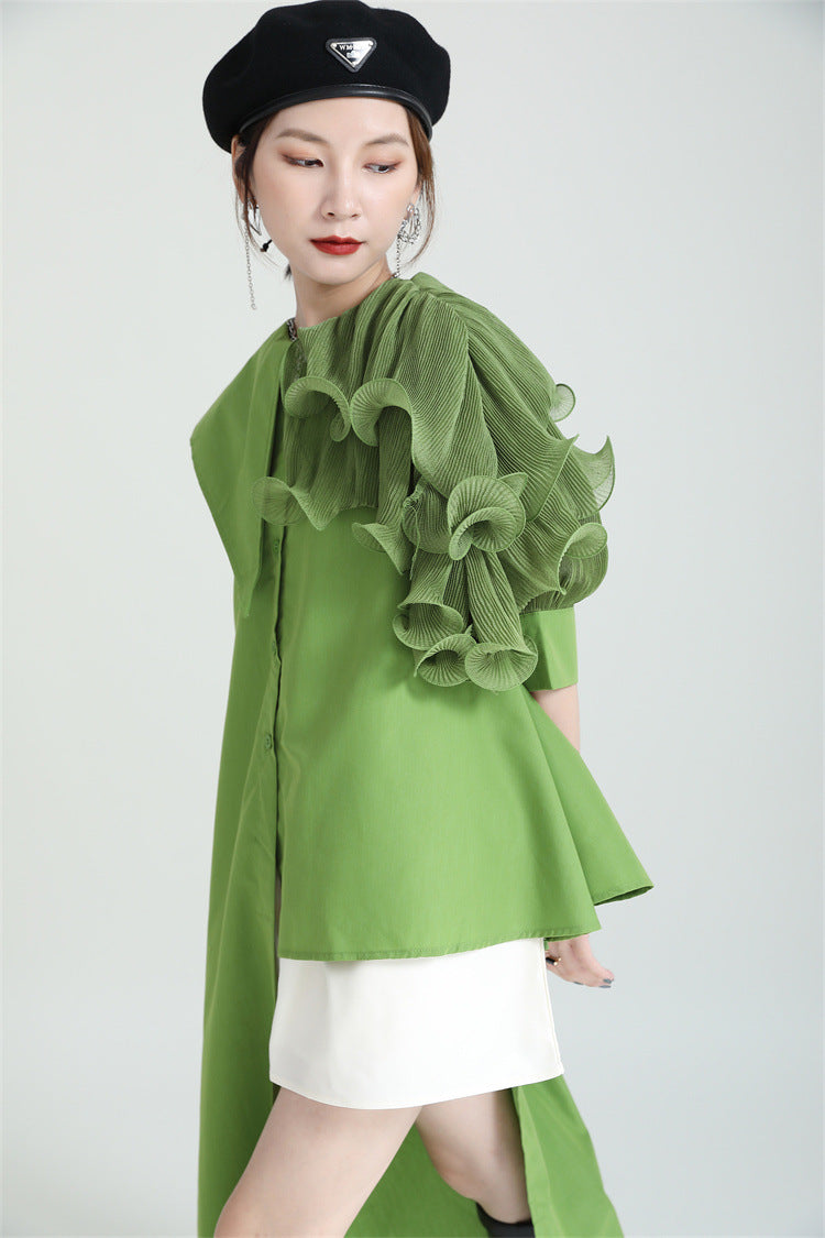 Summer Asymmetrical Bubble Sleeve Shirt Dress with Peplum Waist & Patchwork Design