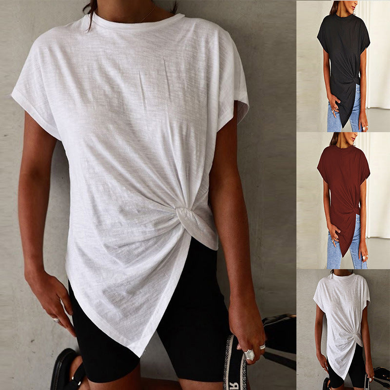Women's Asymmetric Knot Front Round Neck Short Sleeve T-Shirt