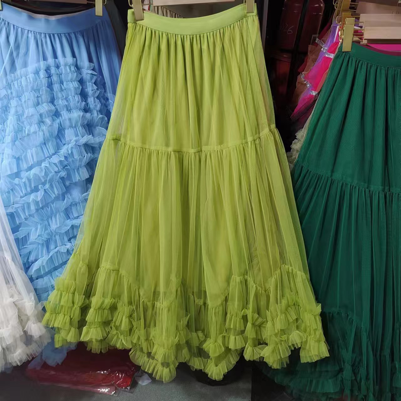 Layered Tulle Skirt with Floral Lace Trim-grass green-One Size-Free Shipping Leatheretro