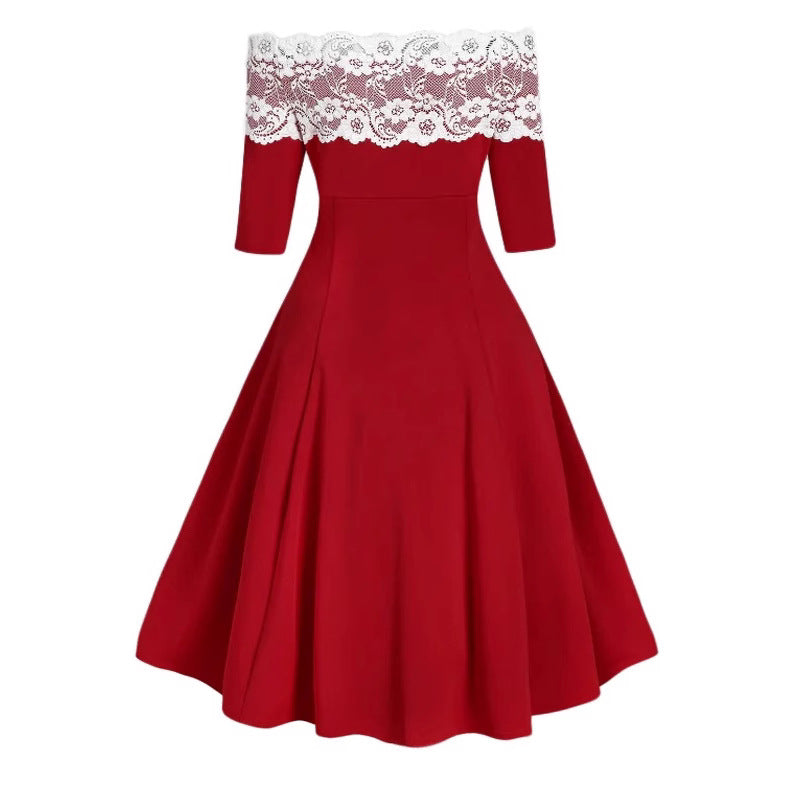 Elegant Off-the-Shoulder Christmas Dress with Lace Trim and Flared Skirt