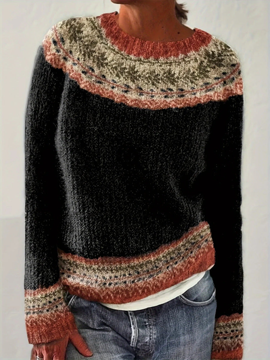 Women's Loose Knit Sweater - Color Block Round Neck Pullover