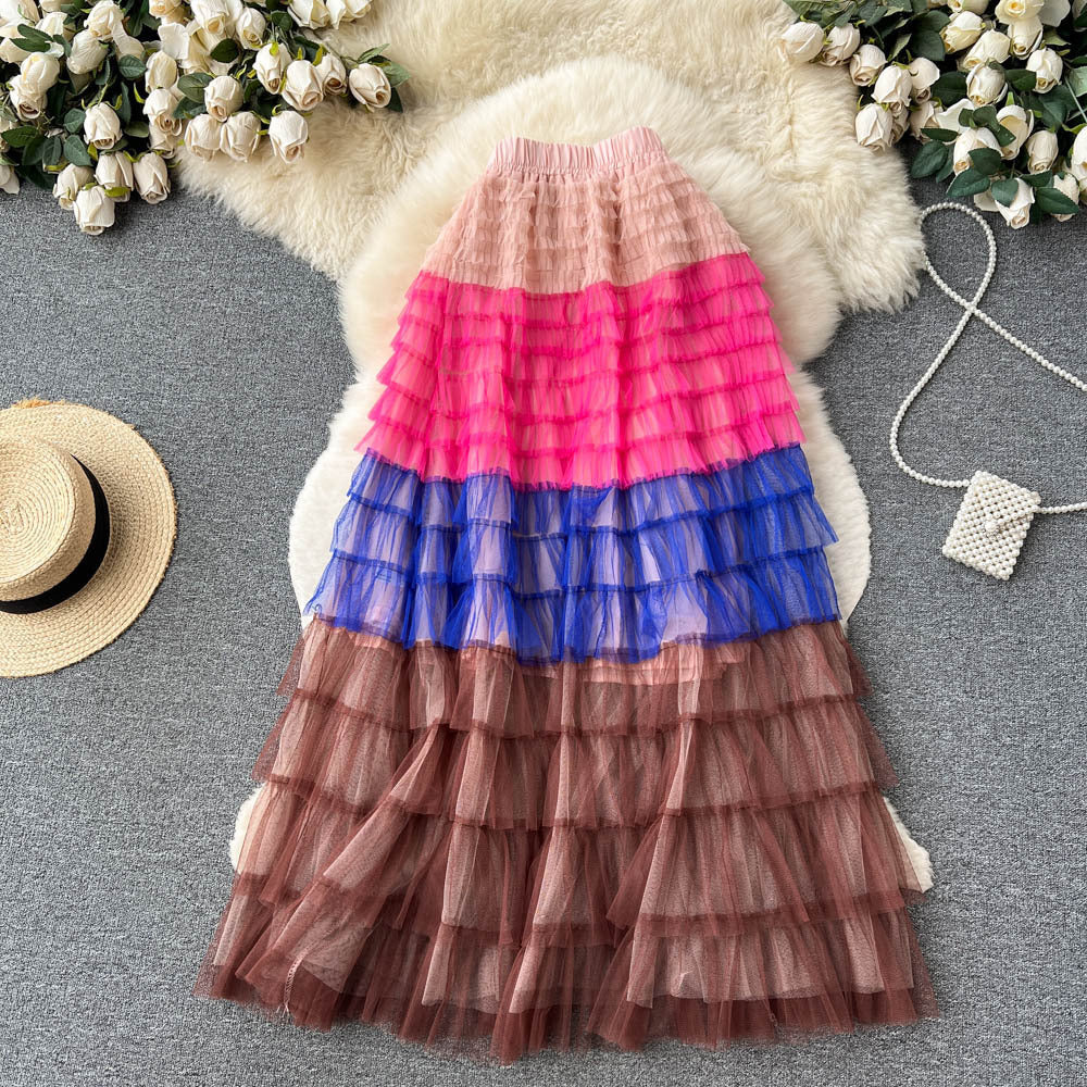 Women's Mid-Length Gradient Mesh A-Line Cake Skirt