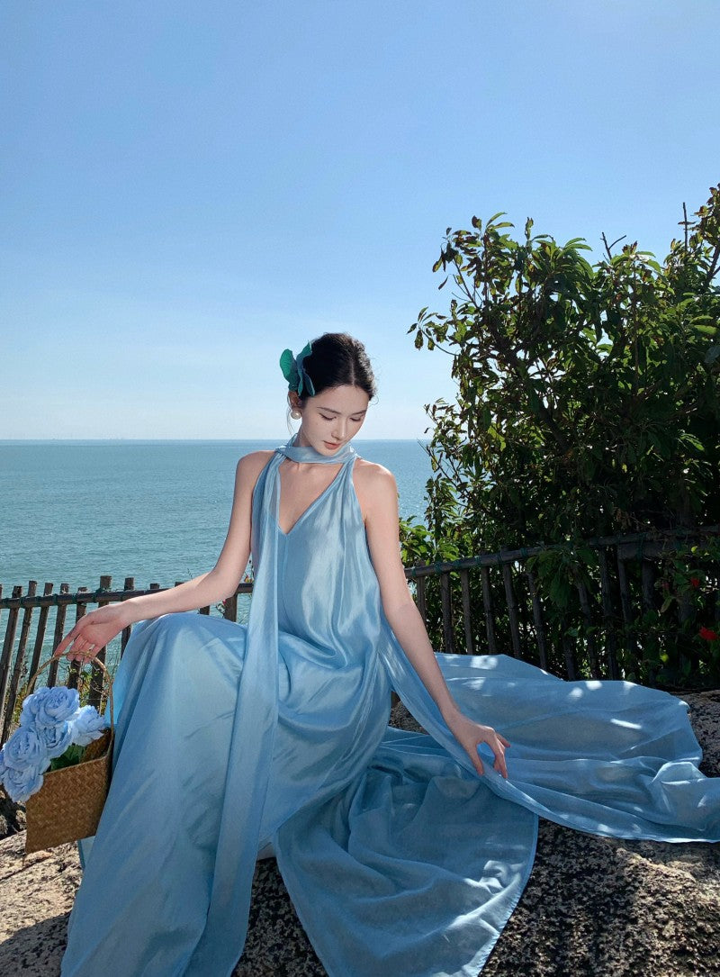 Ethereal Tie-Neck Maxi Dress – Flowy Goddess Silhouette with Elegant Sash Detail