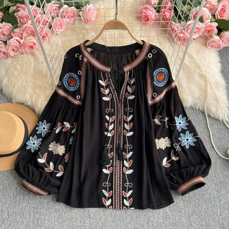 Ethnic Embroidered Tie-Neck Blouse-black-one size-Free Shipping Leatheretro