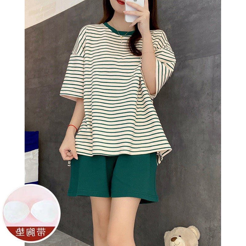 Casual Striped Summer Short Sleeves Shirts & Shorts Homewear