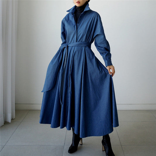 Blue Long Sleeve Loose Denim Shirts Maxi Dresses-Cozy dresses-Free Shipping at meselling99