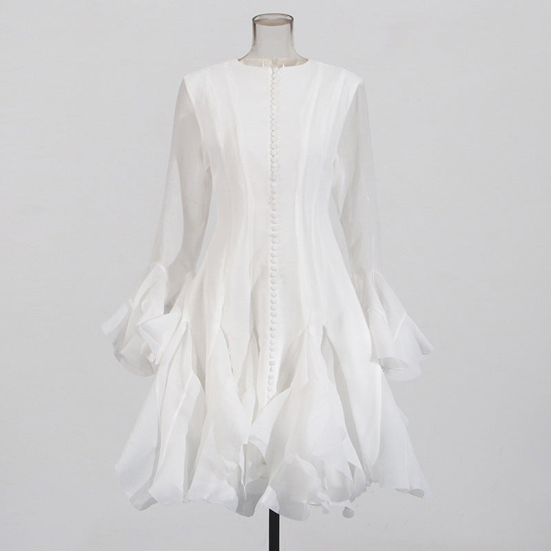 Designed Elegant Round Neck Patchwork Hem Flounce Midi Dress with Bell Sleeves