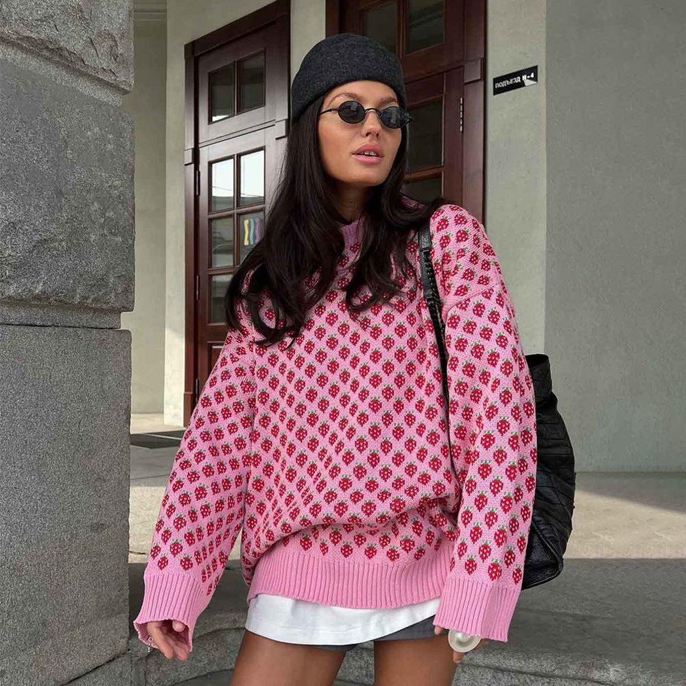 Oversized Strawberry Print Sweater