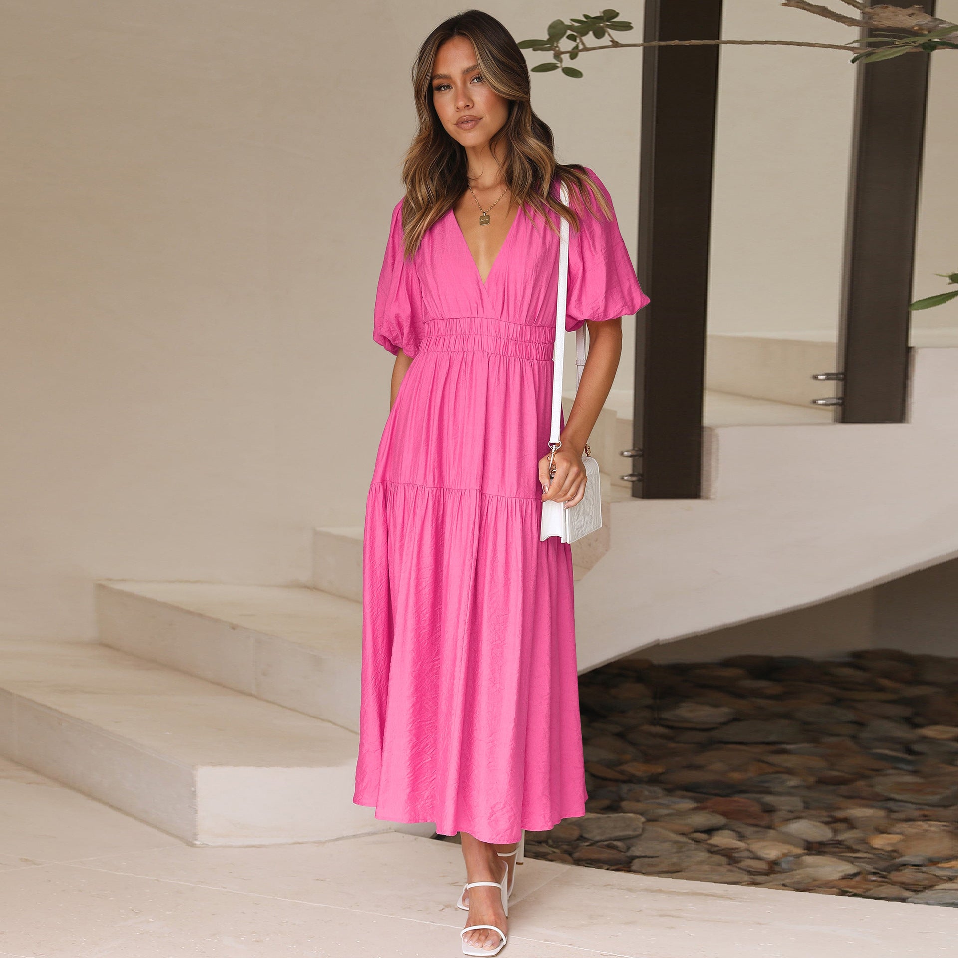 Chic Deep V Puff Sleeve Vacation Dress