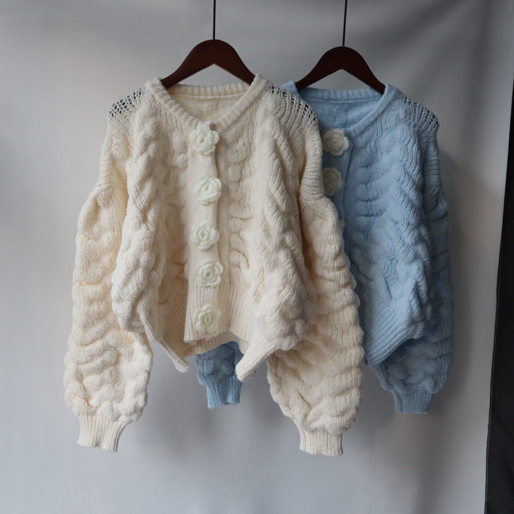 Women's Sweet Short Knit Top – Long Sleeve Floral Embroidered Cardigan Sweater