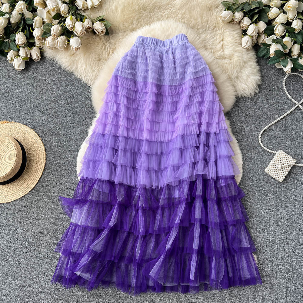 Women's Mid-Length Gradient Mesh A-Line Cake Skirt