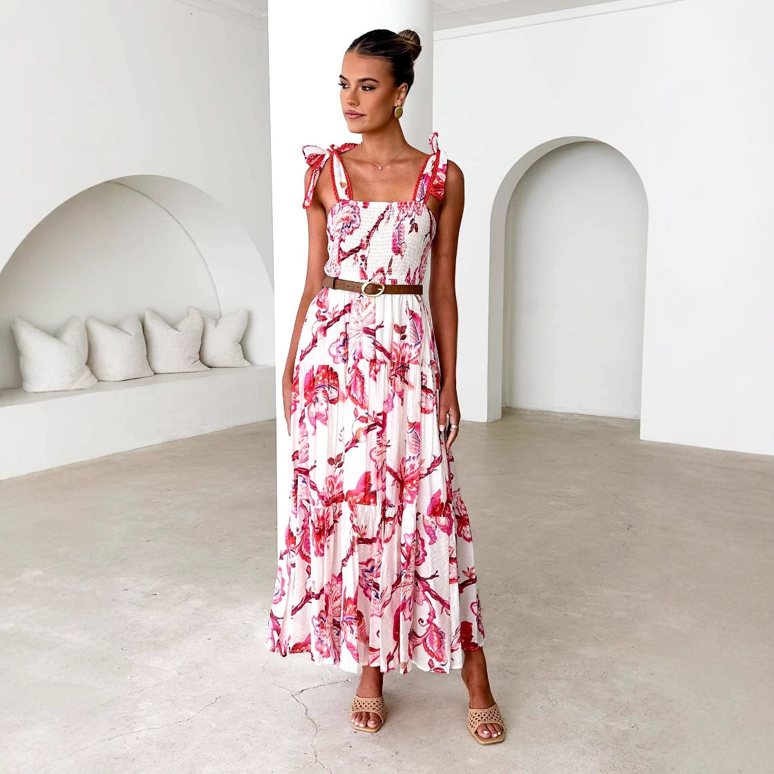 Floral Print Maxi Dress with Smocked Waist & Adjustable Spaghetti Straps