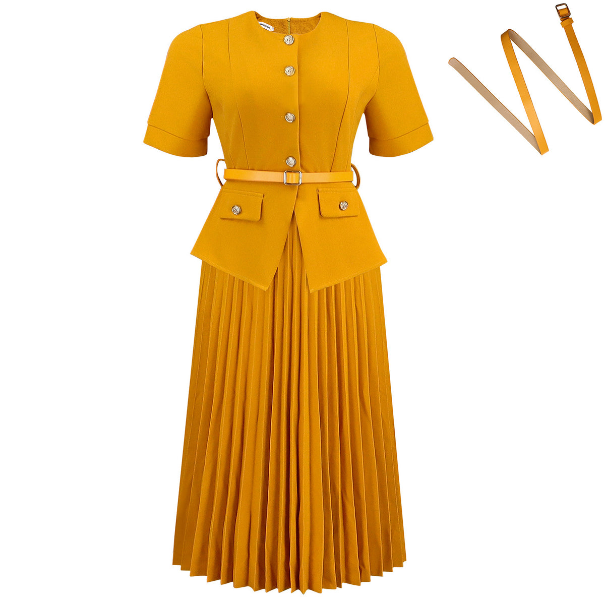 Summer  Round Neck Spliced Pleated Fake Two-Piece Solid Color Plus Size Dress