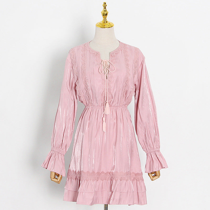 Retro V-Neck Tie-Waist Flare Sleeve Short Dress