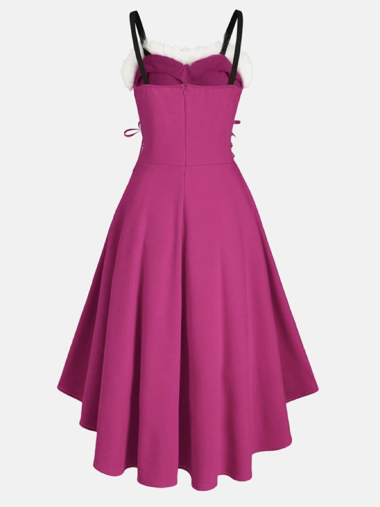 Christmas Party Bunny Outfit - Faux Fur Trim Off-Shoulder Bow Dress