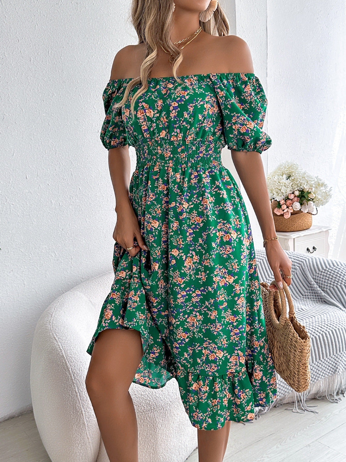 Floral Print Square Neck Short Sleeve Wrap Waist Ruffle Hem Dress