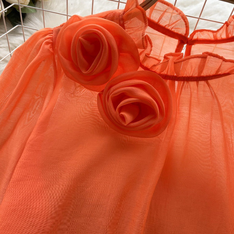 Designed 3D Flowers Chiffon Long Sleeves Shirts