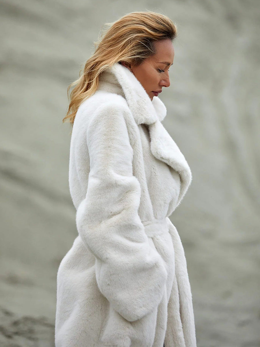 Women's Long Plush Fur Coat with Belted Waist & Notched Lapel