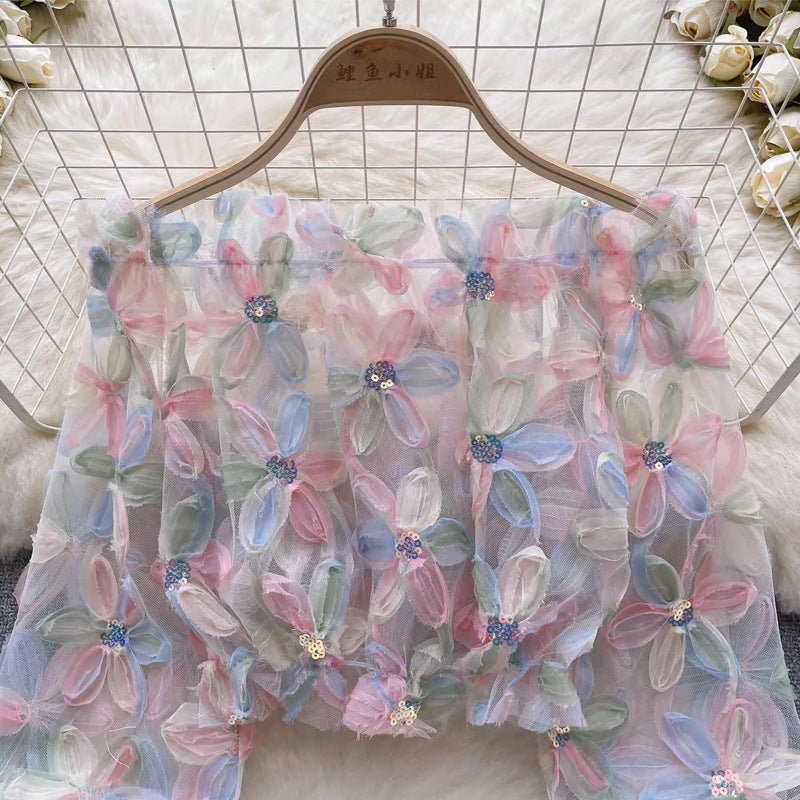Fairy One-Shoulder Long Sleeve 3D Flower Mesh Shirt