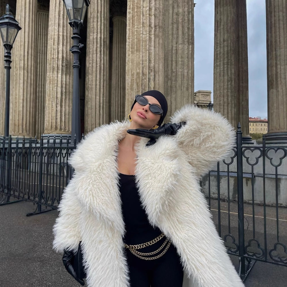 White Knee-Length Faux Fur Coat – Thick & Elegant Toca Eco-Friendly Faux Fur Jacket