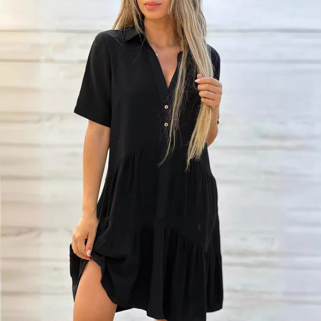 Women's Loose Fit Solid Color Lapel Casual Short Sleeve Linen Blend Dress