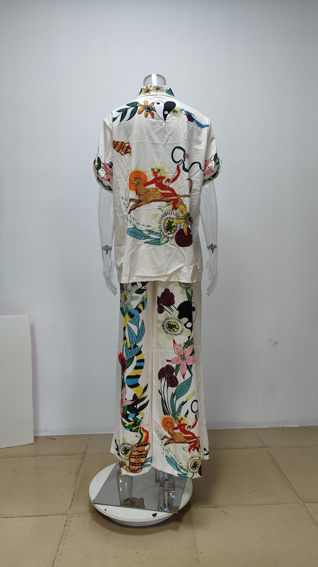 Printed Stand Collar Batwing Sleeve Loose Top with High-Waisted Wide-Leg Pant