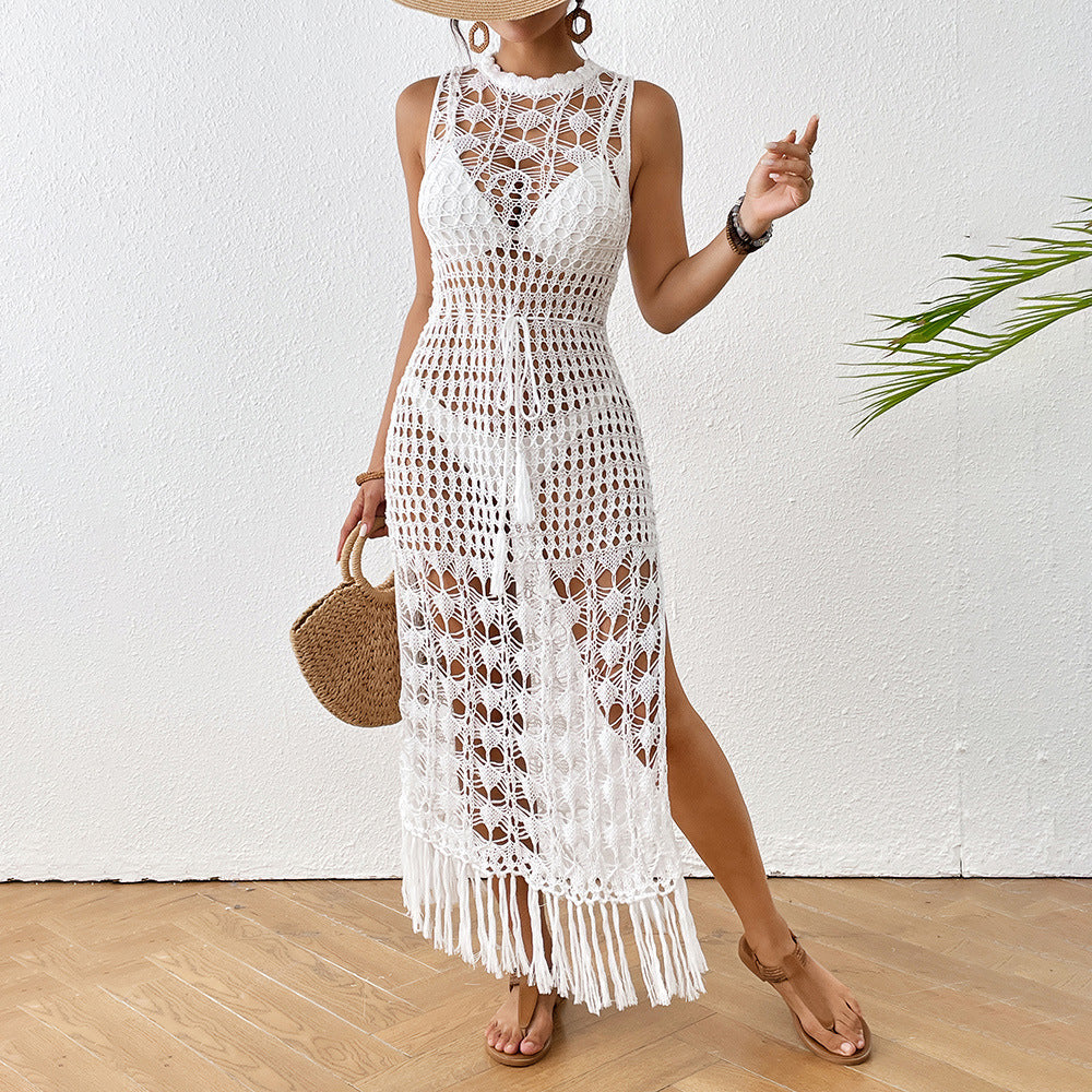 Waist-Tie Floral Lace-Up Hollow Out Beach Maxi Dress with Fringe