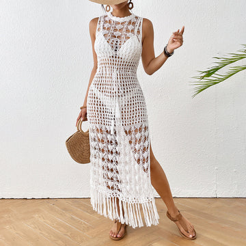 Waist-Tie Floral Lace-Up Hollow Out Beach Maxi Dress with Fringe