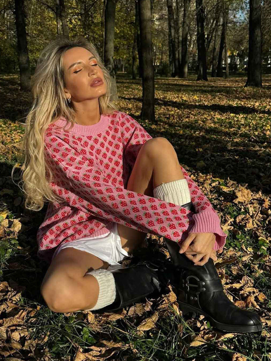 Oversized Strawberry Print Sweater
