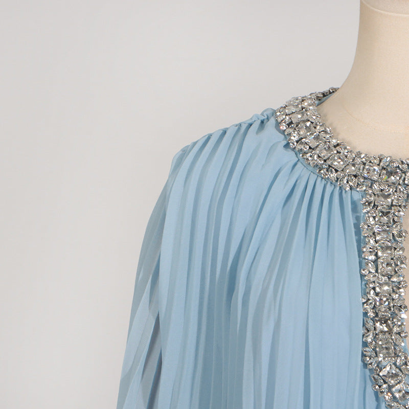 Elegant Round Neck Rhinestone Ostrich Feather Long Sleeve Ruffle Dress