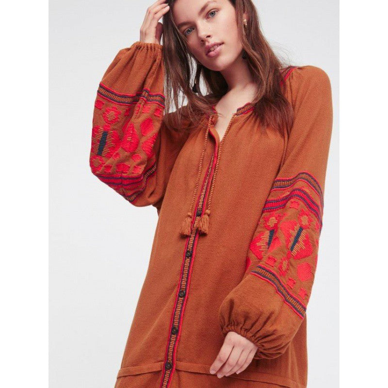 Bohemian Ethnic Embroidered Loose Front Button Dress