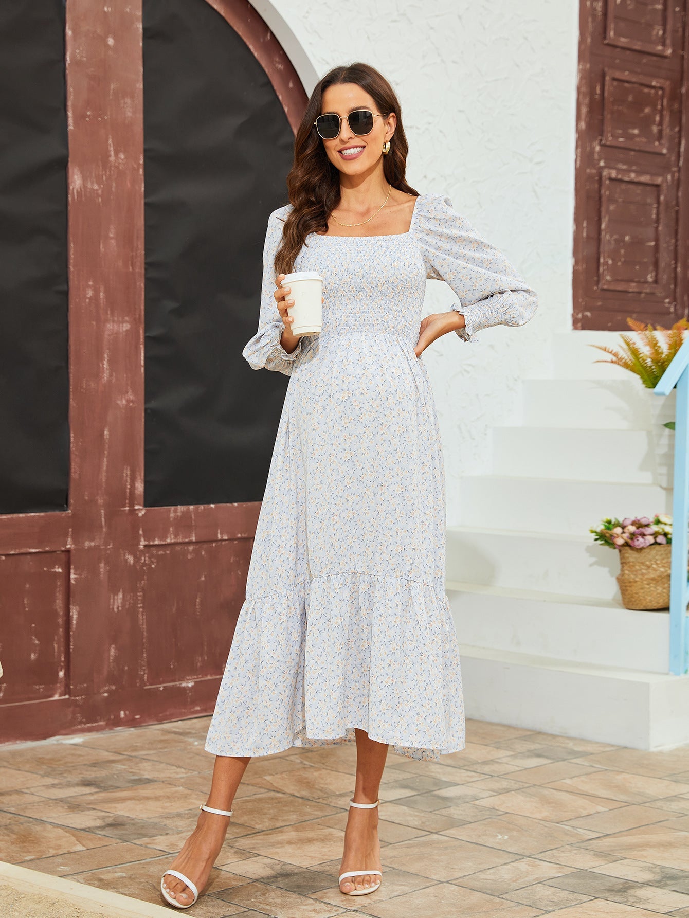 Women's Floral Print Square Neck Chiffon Dress