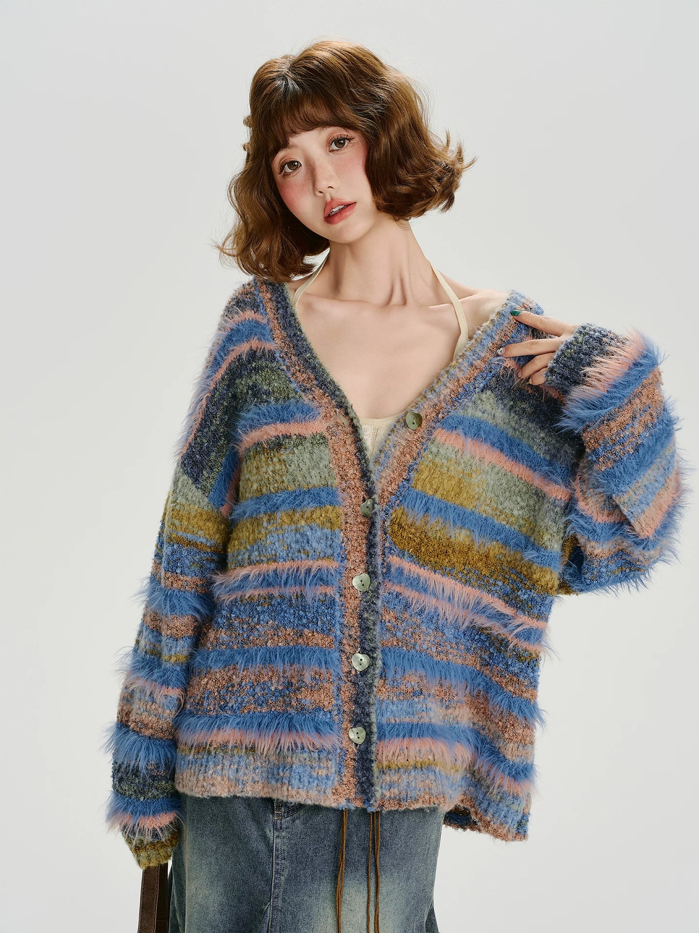 Girlyhalo Vintage Gradient Striped Plush Cardigan