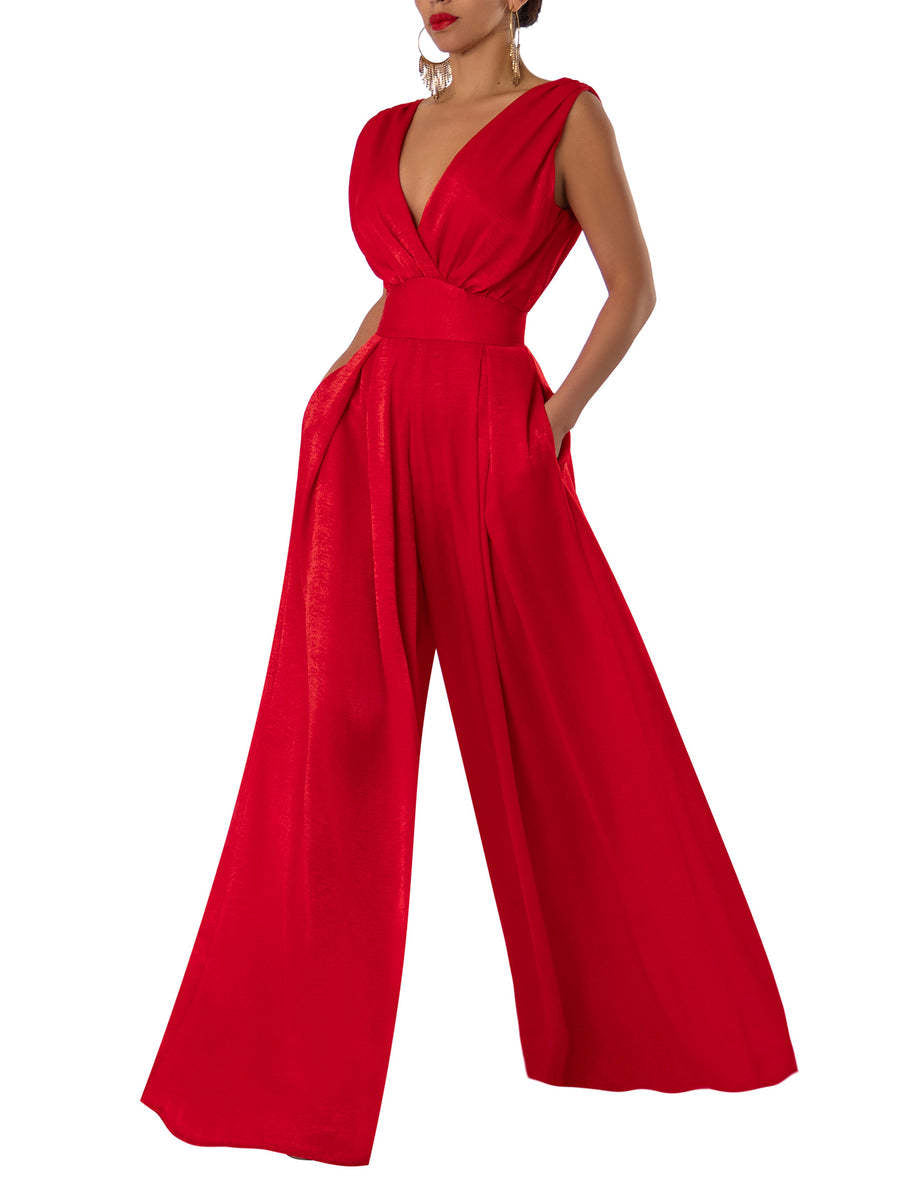 Summer Red Wide Straight Legs Jumpsuits for Women