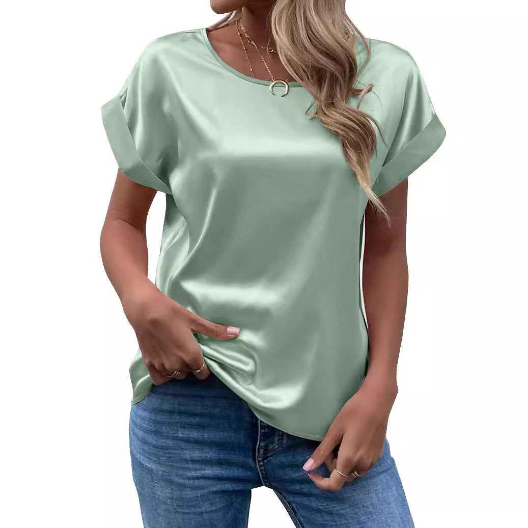Women's Satin Round-Neck Straight Fit T-Shirt