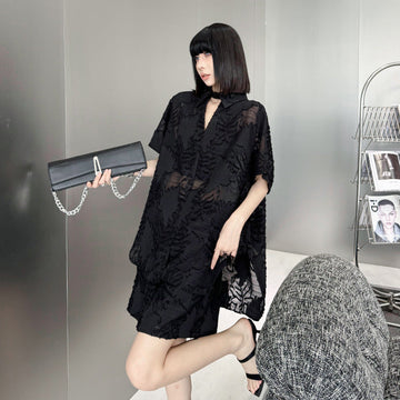 Women's Unique Jacquard Casual Cotton Set – Oversized Bat Sleeve Top + Elastic Waist Shorts