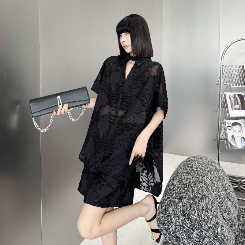 Women's Unique Jacquard Casual Cotton Set – Oversized Bat Sleeve Top + Elastic Waist Shorts