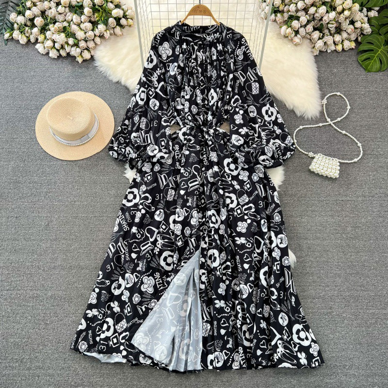 Retro Palace Style Lantern Sleeve Round Neck A-Line Floral Print Button-Down Waist Dress