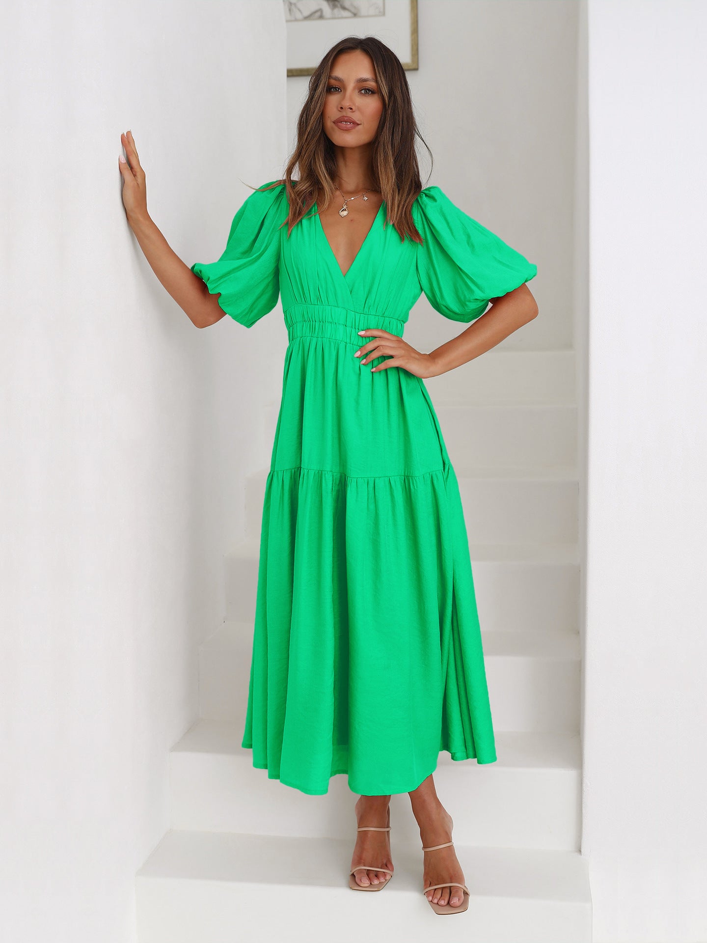 Chic Deep V Puff Sleeve Vacation Dress