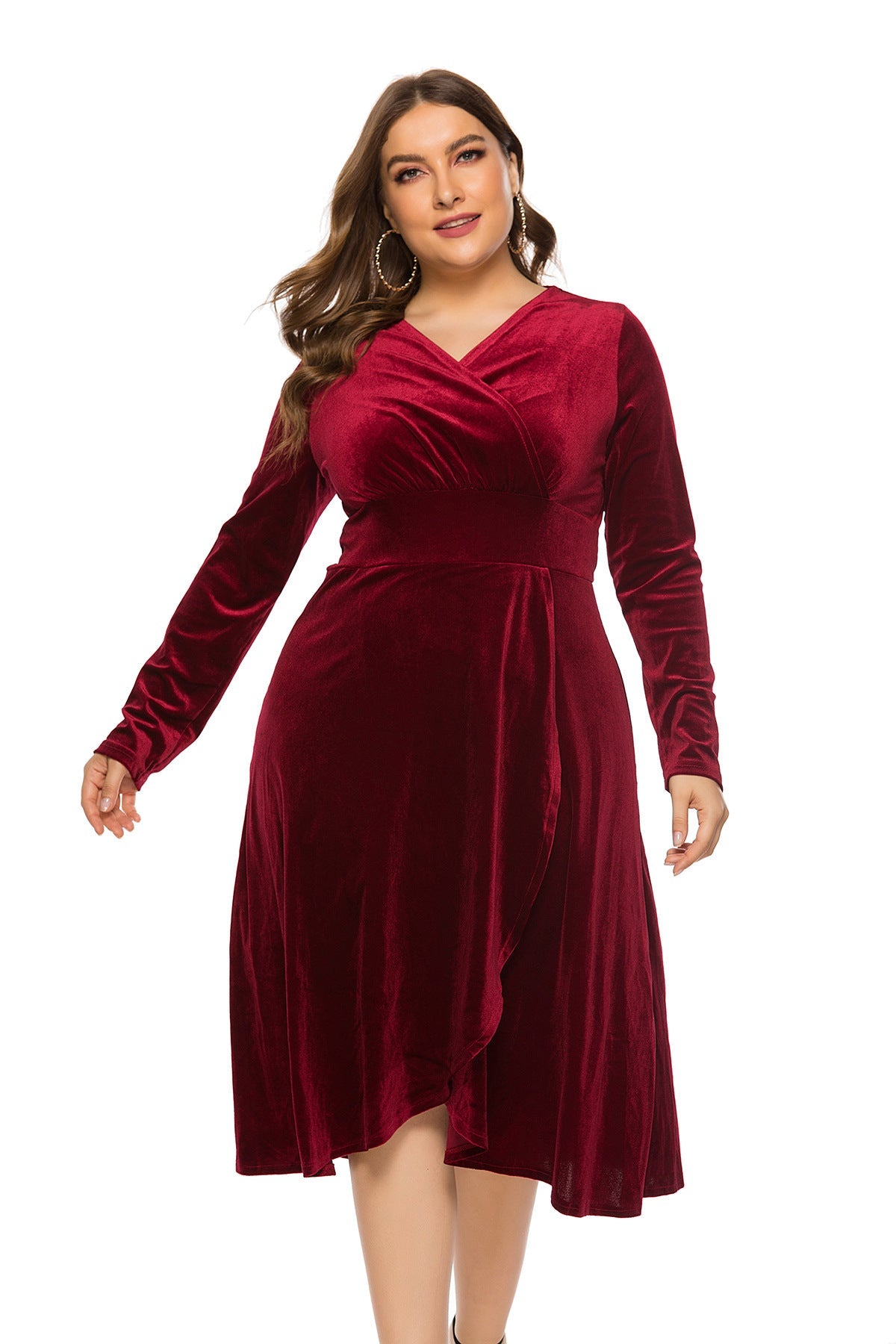 Long Sleeves Women Plus Sizes Fall Dresses-Dresses-Wine Red-XL-Free Shipping at meselling99