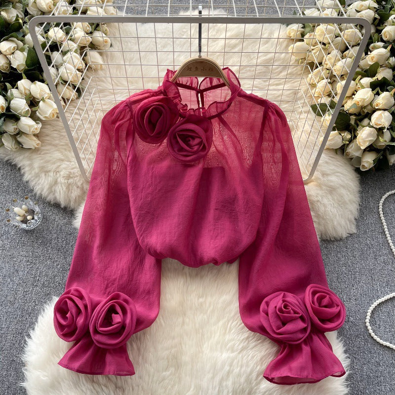 Designed 3D Flowers Chiffon Long Sleeves Shirts